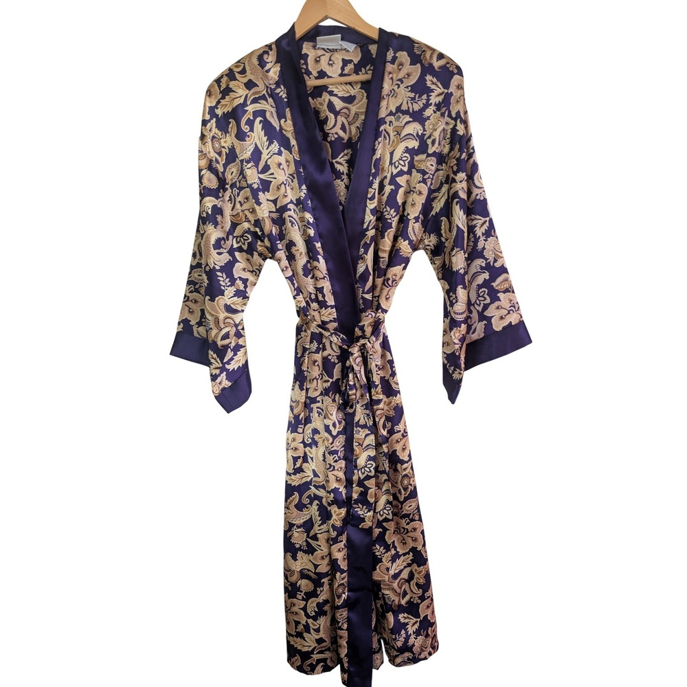 Adonna Vintage Satin Kimono Robe Womens M Purple Gold Floral Silky Loungewear